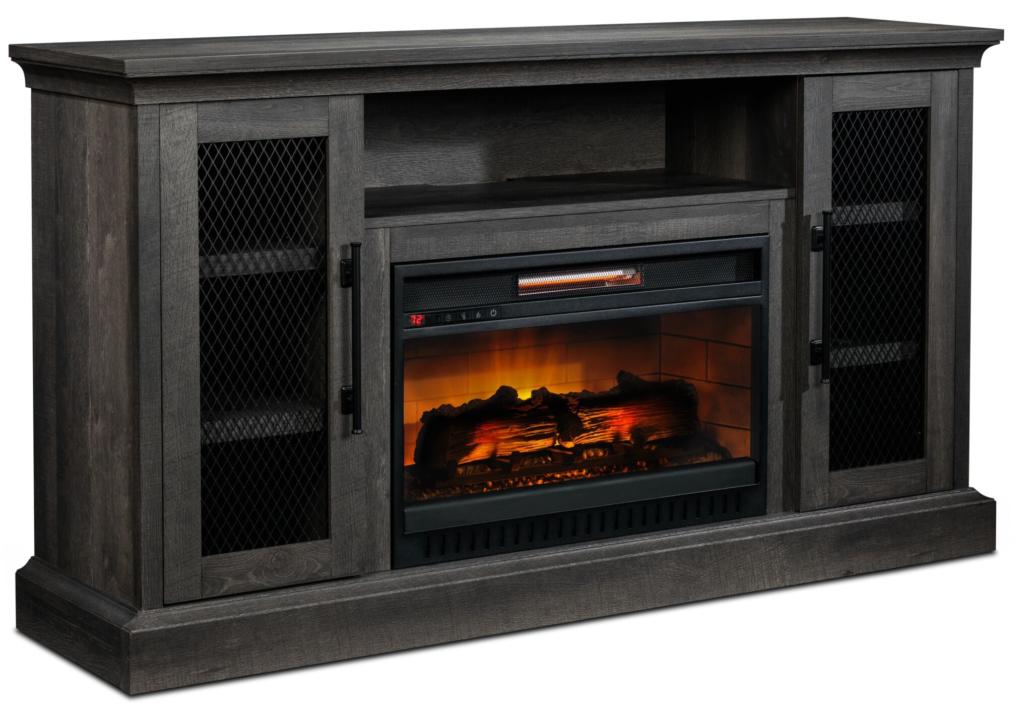Millbrook 59.75" Fireplace TV Stand in Fawn Aged Oak shown at an angle with fireplace, mesh doors and open shelf