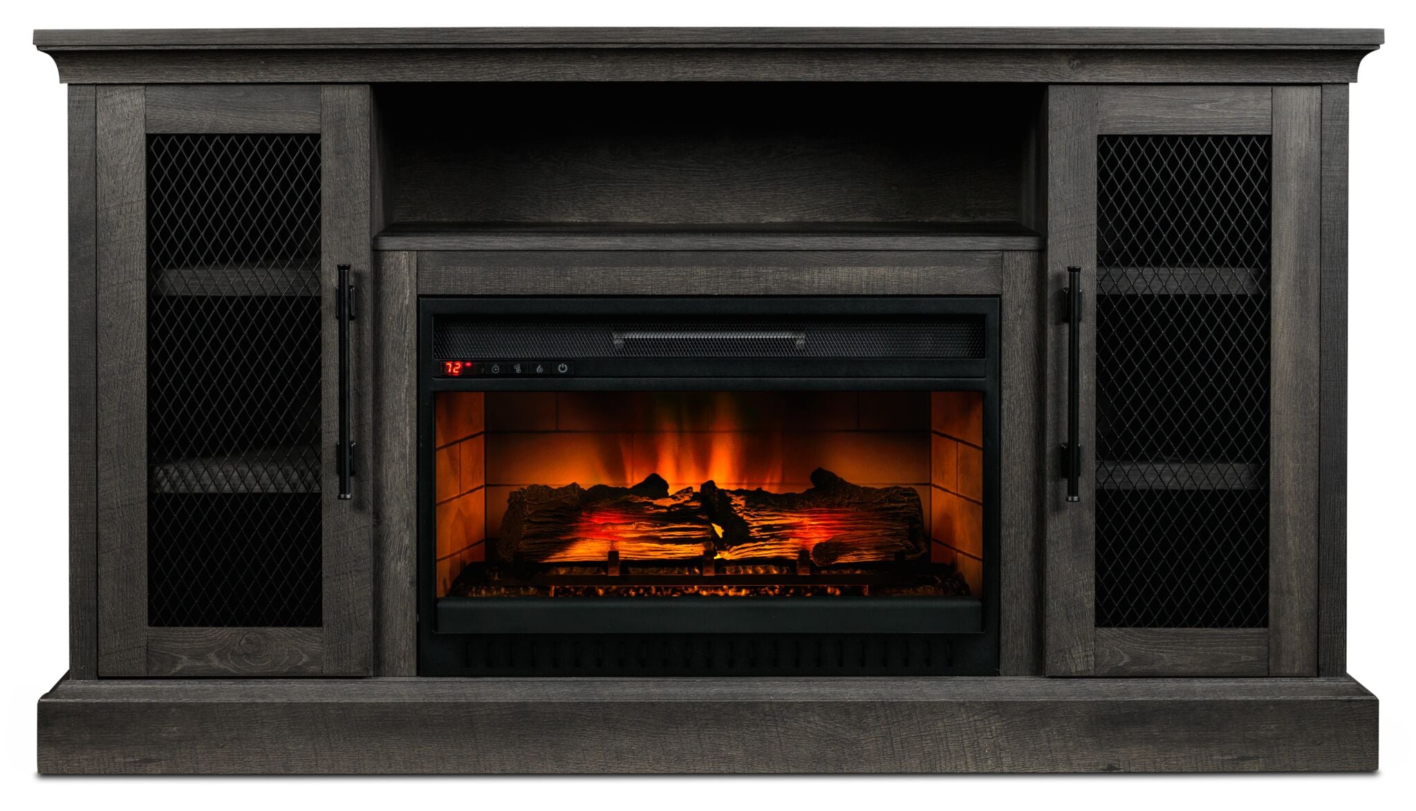 Front view of Millbrook 59.75" Fireplace TV Stand in Fawn Aged Oak with electric fireplace and black mesh cabinet doors