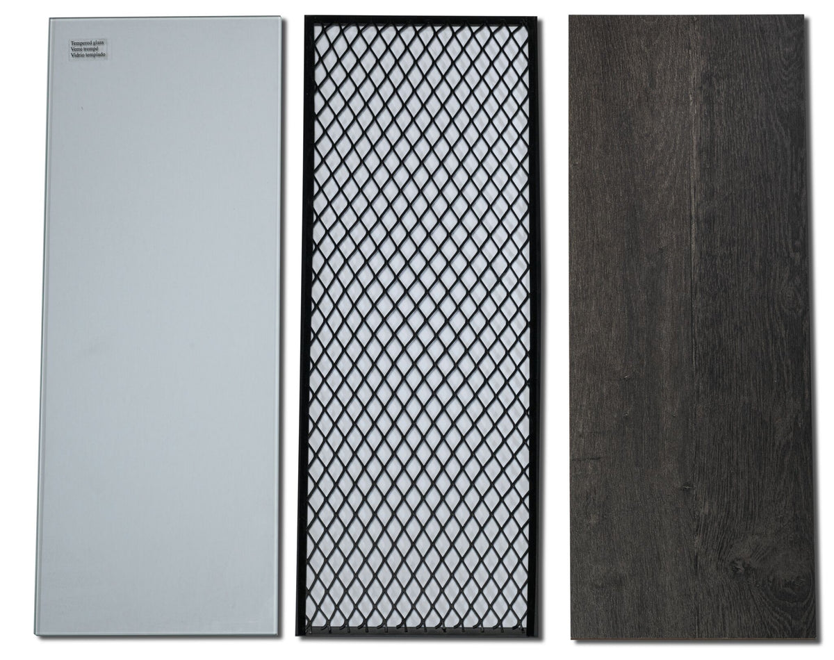 Millbrook Fireplace TV Stand door panel options shown in tempered glass, black diamond mesh and Fawn Aged Oak wood finishes