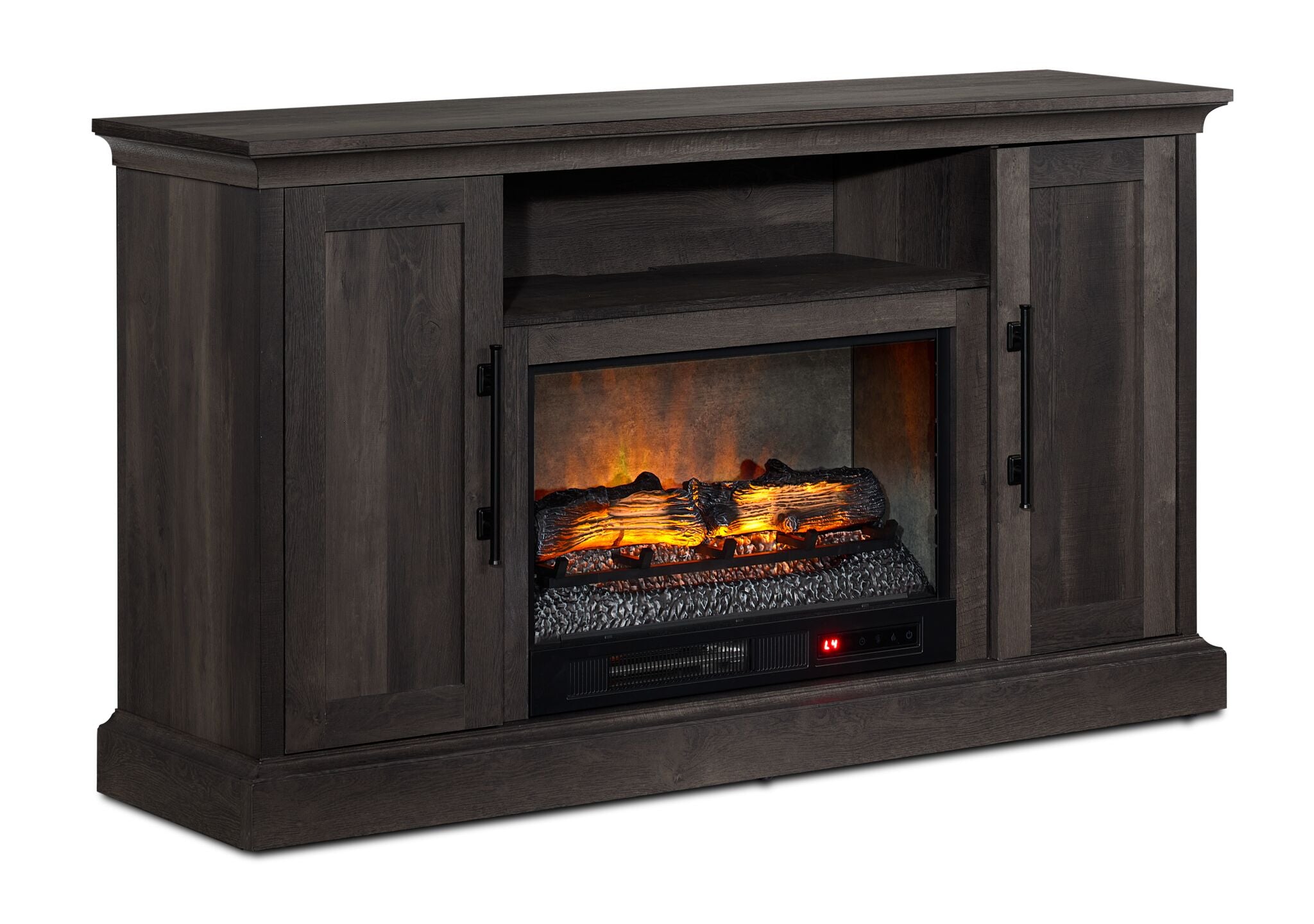 Millbrook 59.75" Fireplace TV Stand in Fawn Aged Oak with electric fireplace, solid wood-look cabinet doors and open shelf