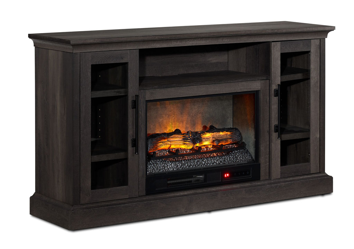 Millbrook 59.75" Fireplace TV Stand in Fawn Aged Oak with electric fireplace, glass cabinet doors and open media shelf