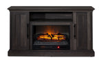Front view of Millbrook 59.75" Fireplace TV Stand in Fawn Aged Oak with glowing fireplace and solid cabinet doors