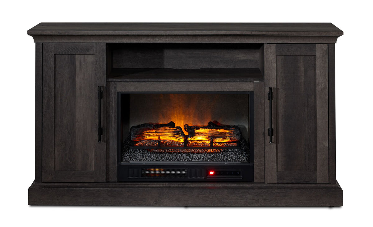 Front view of Millbrook 59.75" Fireplace TV Stand in Fawn Aged Oak with glowing fireplace and solid cabinet doors