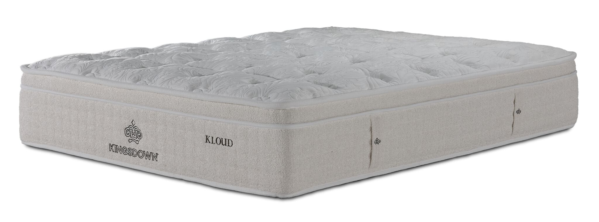 Kingsdown Atmosphere Plush Euro Top Twin mattress with white tufted top and beige upholstered sides