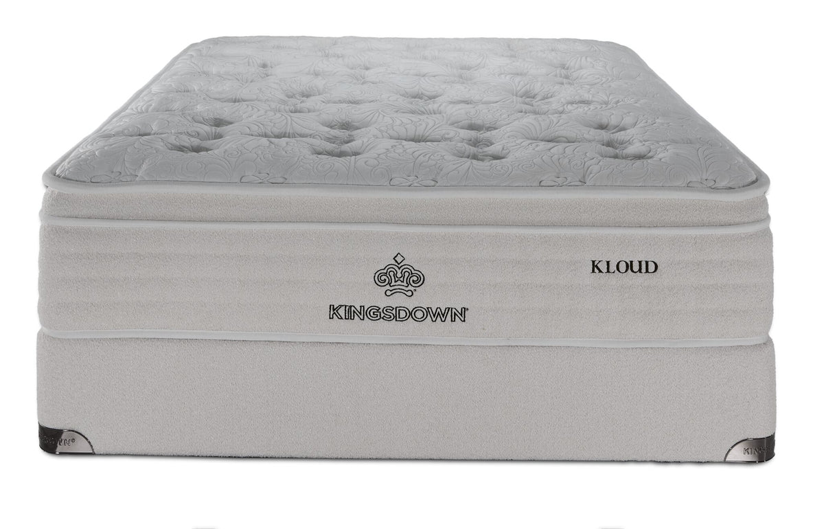 Front view of the Kingsdown Mist Medium Euro Top full mattress and matching cream boxspring set
