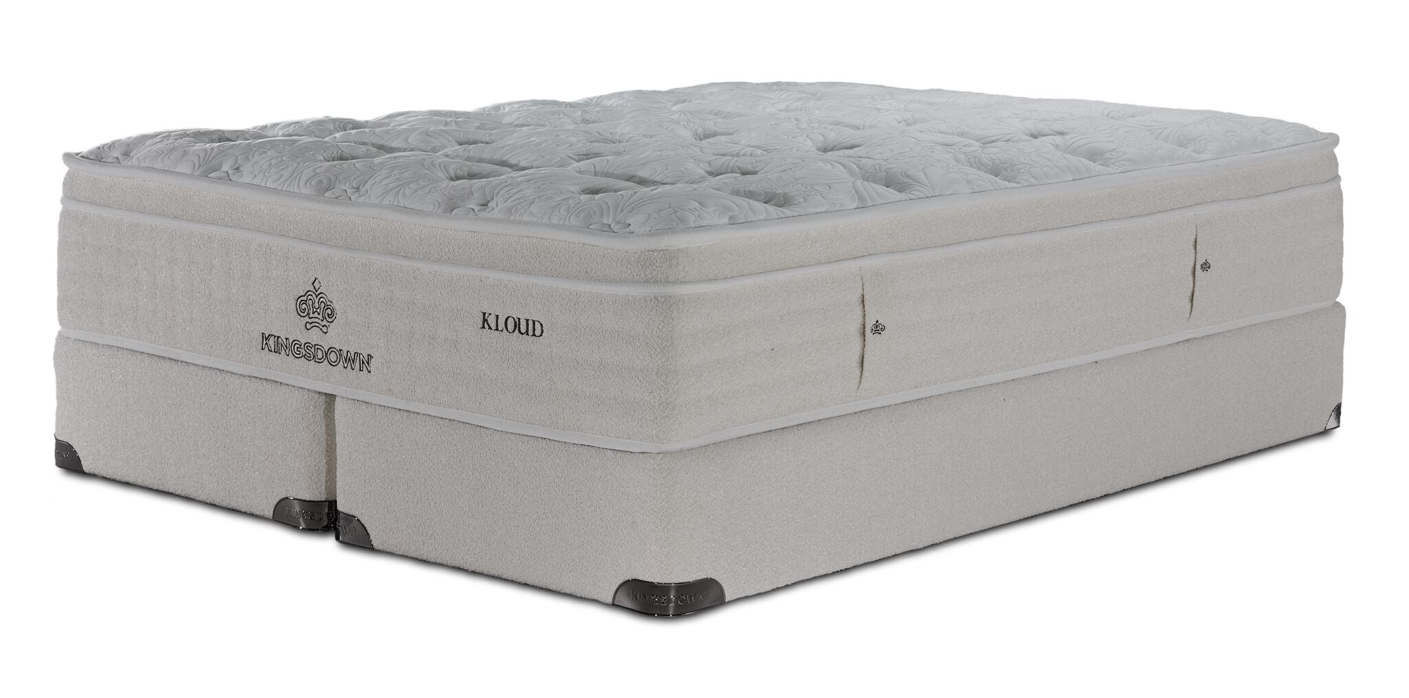 Kingsdown Mist Medium Euro Top queen mattress with two matching cream split boxsprings, shown at an angle