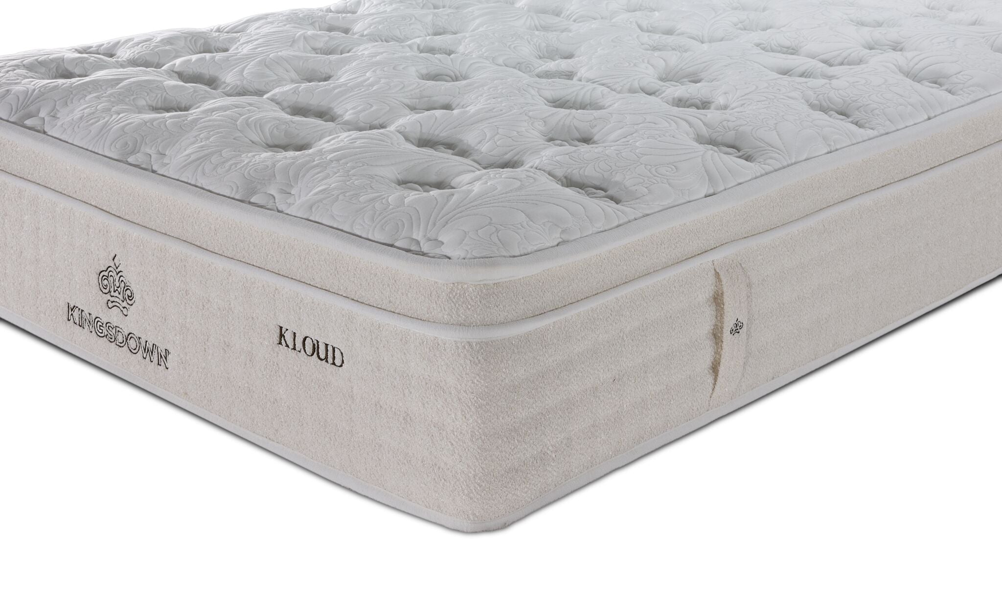 Close-up of the Kingsdown Mist Medium Euro Top twin mattress showing the quilted top and side handle