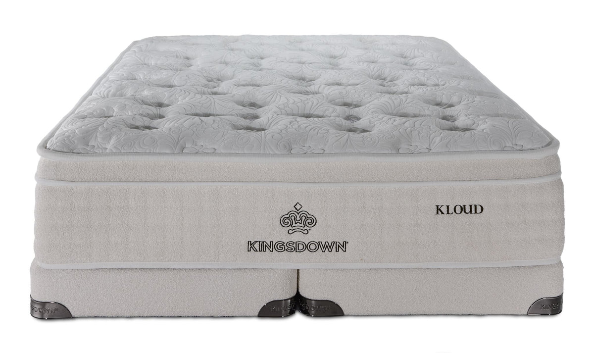 Front view of Kingsdown Mist Medium Euro Top queen mattress with two cream split low-profile boxsprings