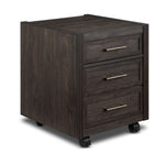 Modern Edge dark grey filing cabinet with locking file drawer, satin wash pull and front view