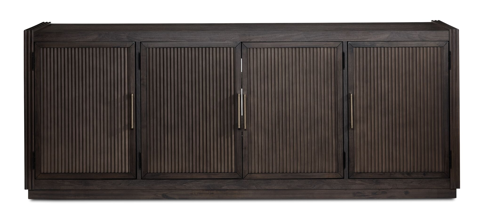 Modern Edge dark grey TV console with raised reeded end panels, fixed shelves and plinth-style base