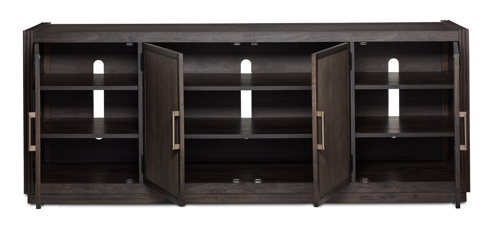 Modern Edge 77-inch TV console in dark grey with open media storage and front view