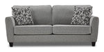 Moncton light grey sofa with two back cushions, accent pillows and clean front view