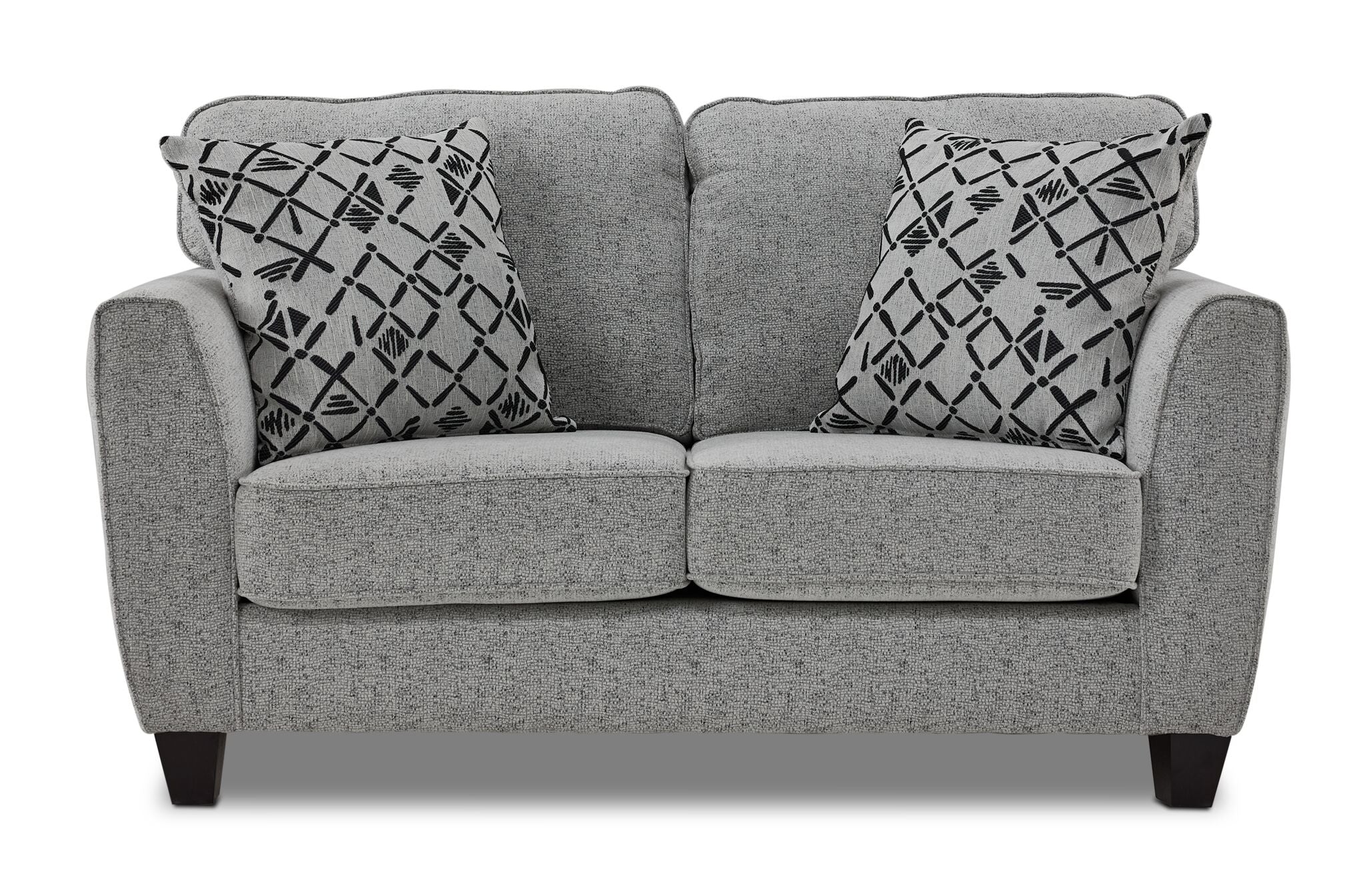 Moncton light grey loveseat with two back cushions, accent pillows and clean front view