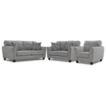 Moncton light grey sofa, loveseat and chair set with flared arms, dark tapered legs and accent pillows