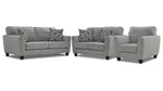 Moncton light grey sofa, loveseat and chair set with flared arms, dark tapered legs and accent pillows