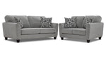 Moncton light grey sofa and loveseat set with flared arms, dark tapered legs and accent pillows