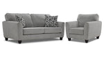 Moncton light grey sofa and chair set with flared arms, dark tapered legs and accent pillows