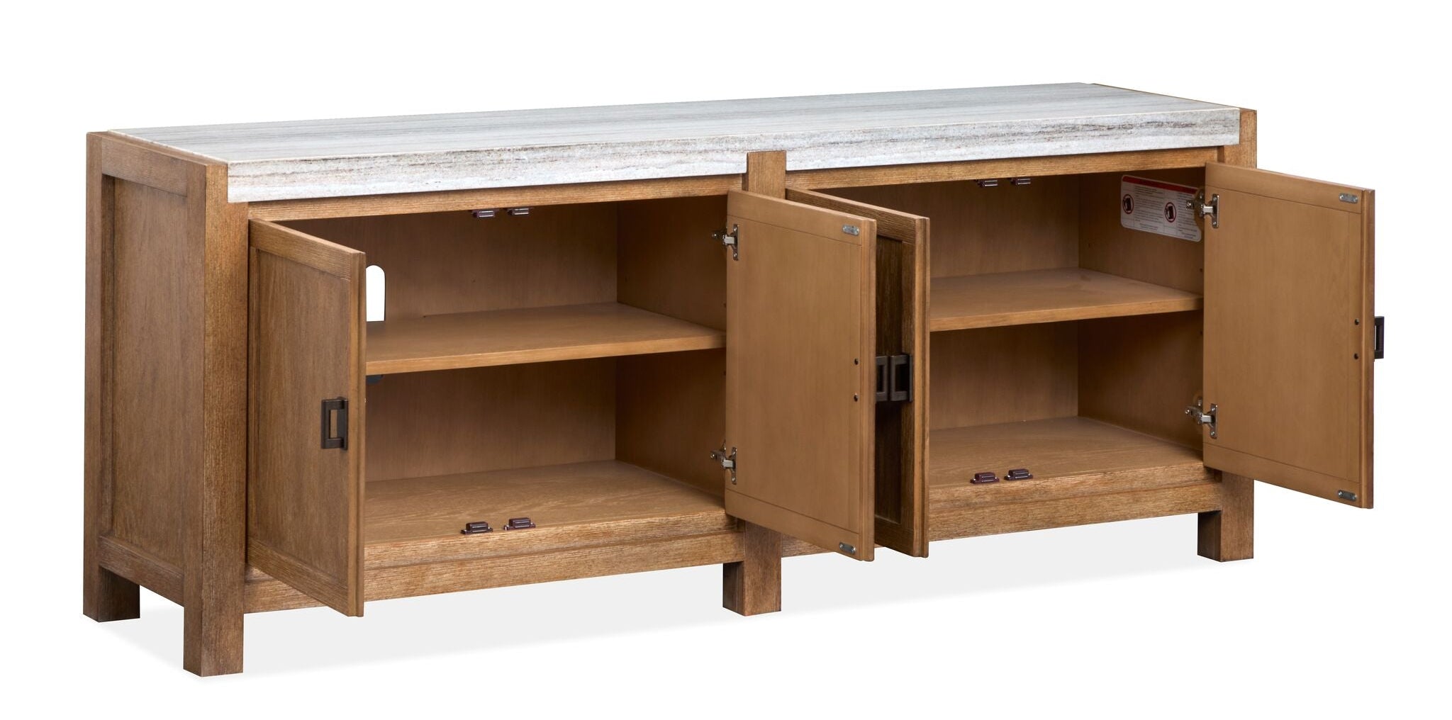 Plum Creek marble top TV stand with Sierra Brown wood finish and adjustable interior shelves