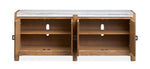 Plum Creek TV stand detail view showing Sierra Brown wood grain, cabinet doors and oil-rubbed bronze hardware