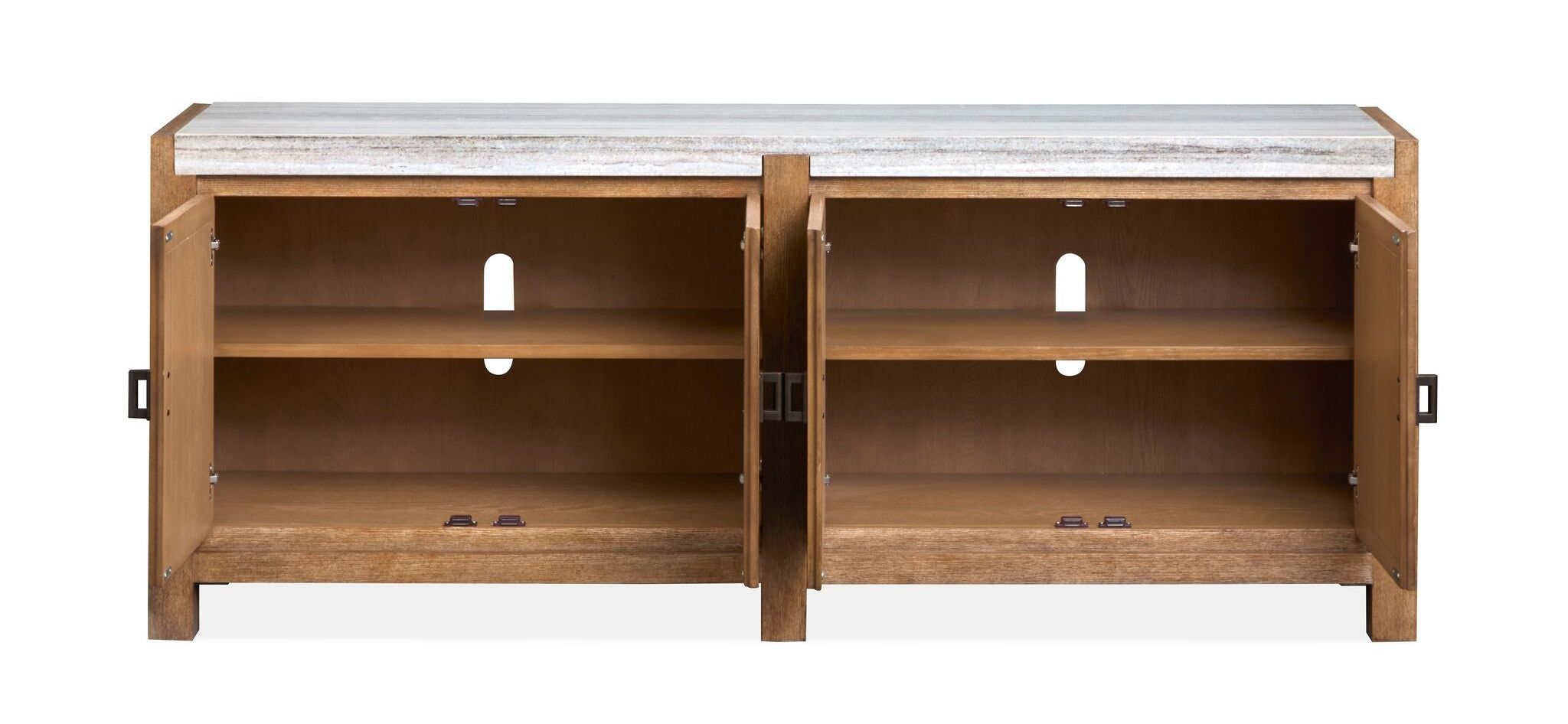 Plum Creek TV stand detail view showing Sierra Brown wood grain, cabinet doors and oil-rubbed bronze hardware