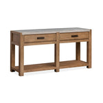 Plum Creek 56-inch Sierra Brown sofa table with marble top, two drawers and fixed shelf