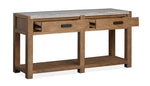 Plum Creek sofa table detail view showing Sierra Brown wood grain, drawer front and oil-rubbed bronze hardware