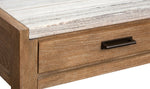 Plum Creek sofa table close-up showing marble top, drawer front and Sierra Brown finish