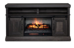 Front view of Preston 59.75" Fireplace TV Stand in charcoal with glowing fireplace, barn doors and upper media shelf