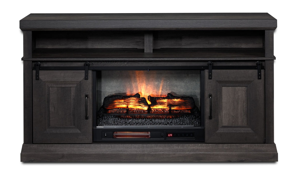 Front view of Preston 59.75" Fireplace TV Stand in charcoal with glowing fireplace, barn doors and upper media shelf