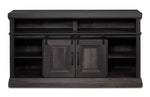 Front view of Preston 59.75" Fireplace TV Stand in charcoal with barn doors closed over the fireplace and side shelves exposed