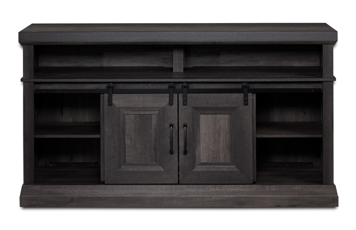 Front view of Preston 59.75" Fireplace TV Stand in charcoal with barn doors closed over the fireplace and side shelves exposed