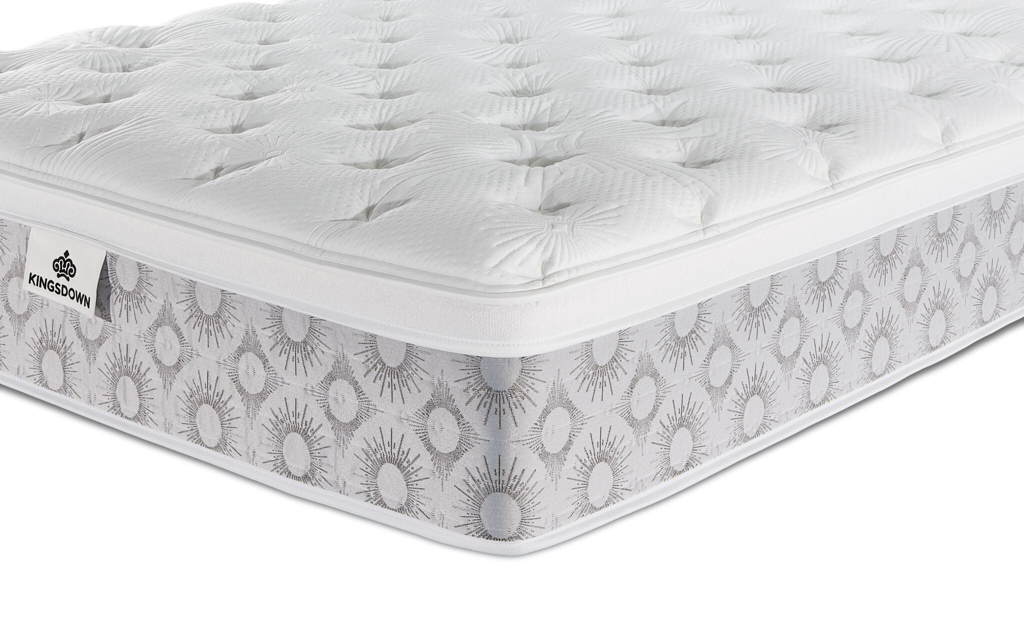 Close-up of the Kingsdown Quinlan Plush Euro Top twin mattress showing the tufted top and grey patterned side panel