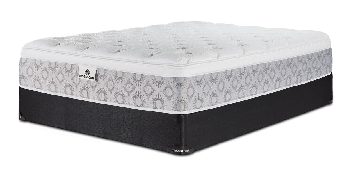 Kingsdown Quinlan Plush Euro Top queen mattress and black boxspring set, shown at an angle