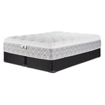 Kingsdown Quinlan Plush Euro Top queen mattress with two black split boxsprings, shown at an angle