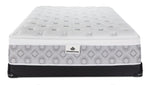 Front view of the Kingsdown Quinlan Plush Euro Top full mattress and black low-profile boxspring set