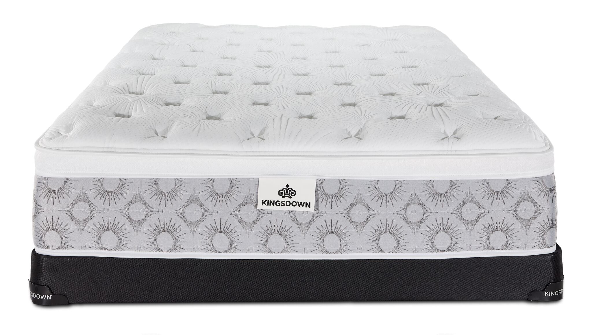Front view of the Kingsdown Quinlan Plush Euro Top queen mattress and black low-profile boxspring set