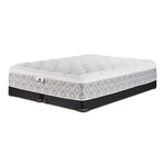 Kingsdown Quinlan Plush Euro Top king mattress with two black split low-profile boxsprings, shown at an angle