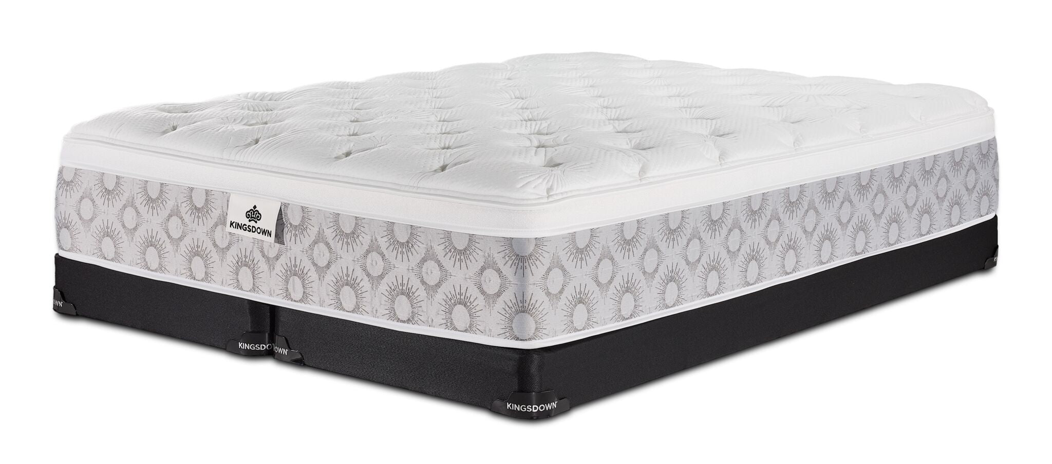 Kingsdown Quinlan Plush Euro Top king mattress with two black split low-profile boxsprings, shown at an angle