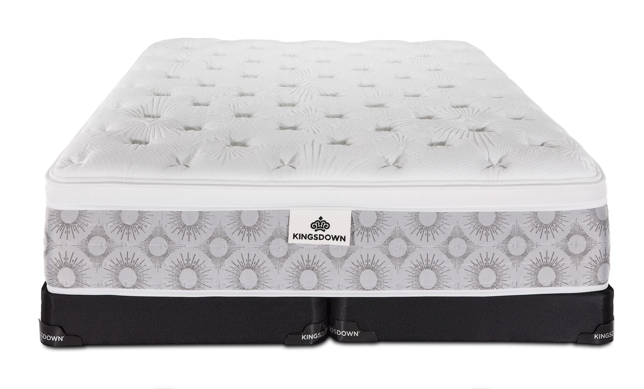 Front view of the Kingsdown Quinlan Plush Euro Top king mattress with two black split low-profile boxsprings