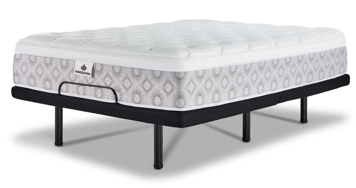 Kingsdown Quinlan Plush Euro Top queen mattress on an L2 Pro adjustable base in the flat position