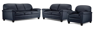 Raphael Leather Sofa, Loveseat and Chair Set - Navy
