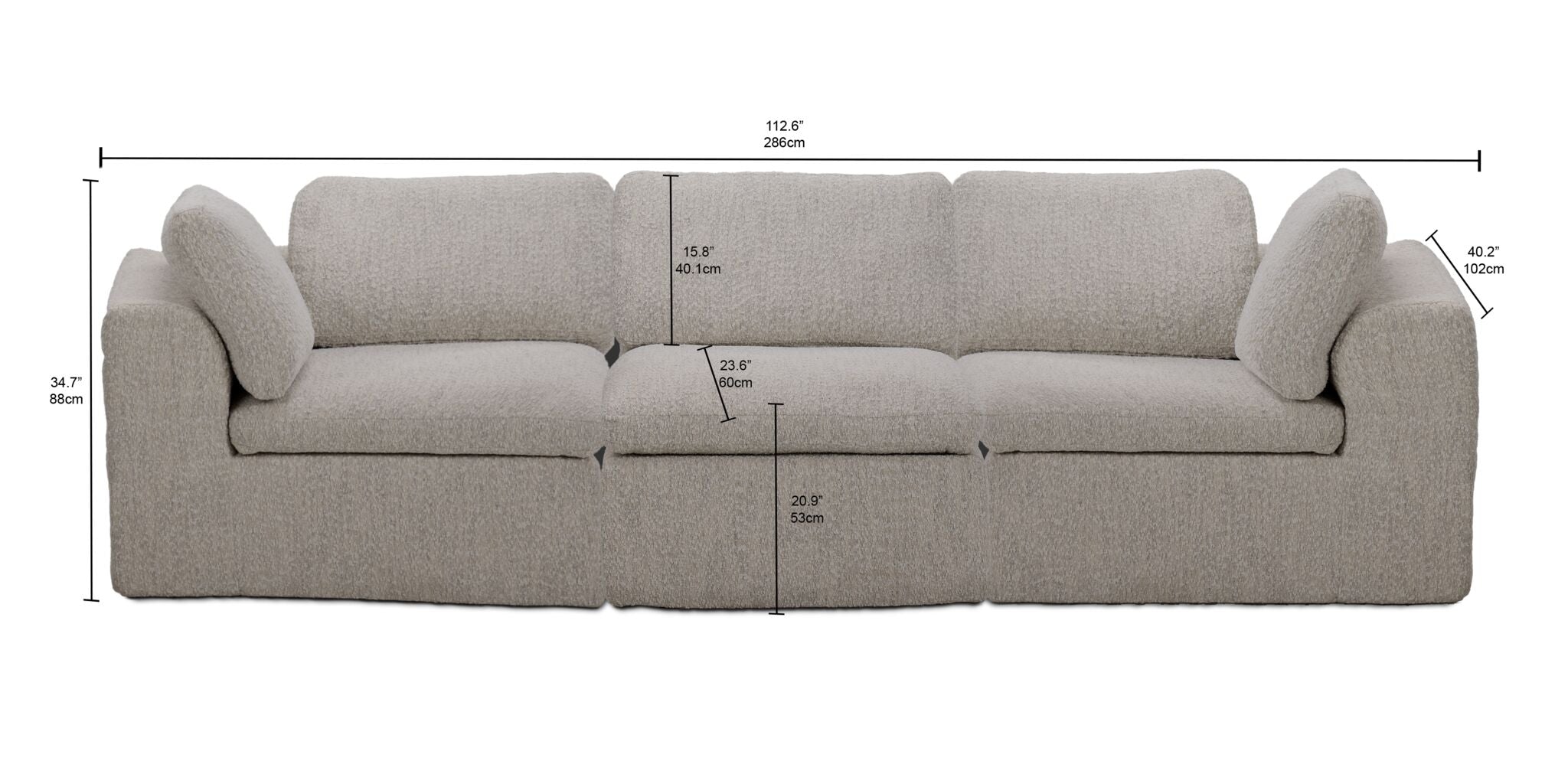 Bliss beige modular sofa dimensions: 112.6 inches wide, 40.2 inches deep and 34.7 inches high