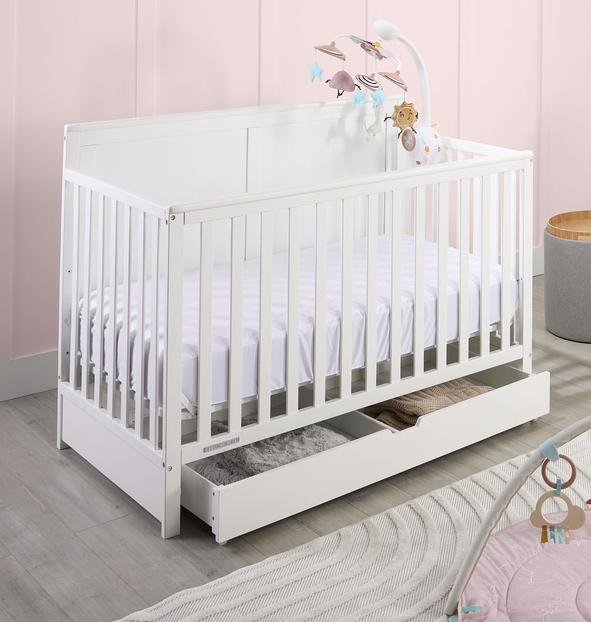 Delta Children Saint 6-in-1 Convertible Crib with Under Bed Storage Drawer - Bianca White