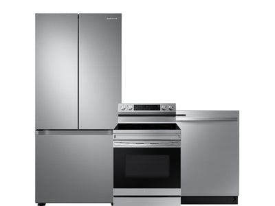 Samsung Fingerprint Resistant Stainless Kitchen Package with French Door Refrigerator, Electric Range & Built-In Dishwasher