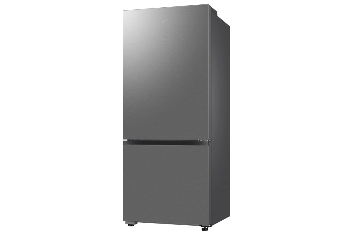 Samsung 28" 15.0 Cu. Ft. stainless steel bottom mount refrigerator angled view showing slim counter-depth design