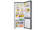 Samsung 28" bottom mount refrigerator open view stocked with food across fridge shelves, door bins and freezer drawers
