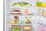 Samsung 28" bottom mount refrigerator interior close-up showing glass shelves, food containers and clear door bins