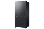 Samsung 33" matte black 3-door French door refrigerator angled view with flat doors and bottom freezer drawer
