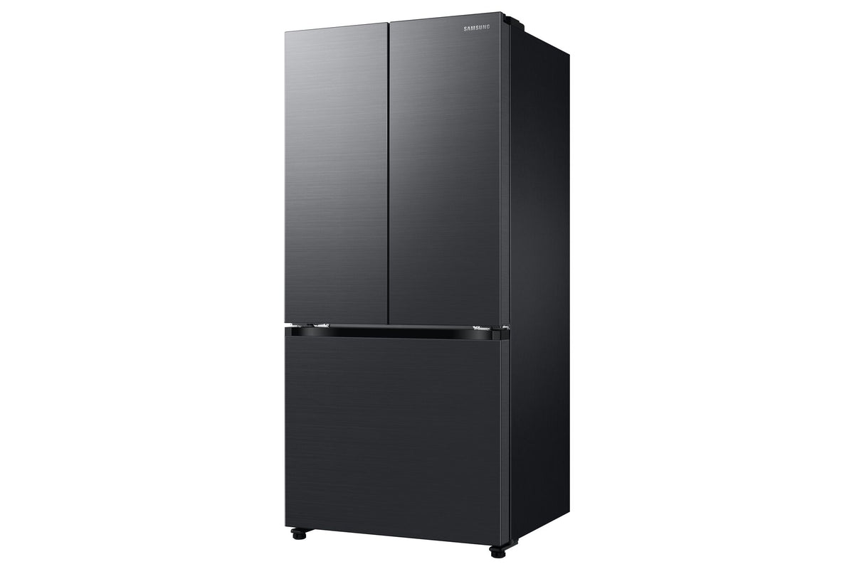 Samsung 33" matte black 3-door French door refrigerator angled view with flat doors and bottom freezer drawer
