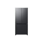 Samsung 33" 18.0 Cu. Ft. matte black French door refrigerator front view with flat doors and bottom freezer drawer